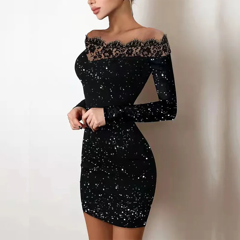 

Sexy Slim-Fit Bright Silk Bag Hip Black Dress Spring Off Shoulder Splicing Lace Dress Fashion Elegant Women New Mini Party Dress