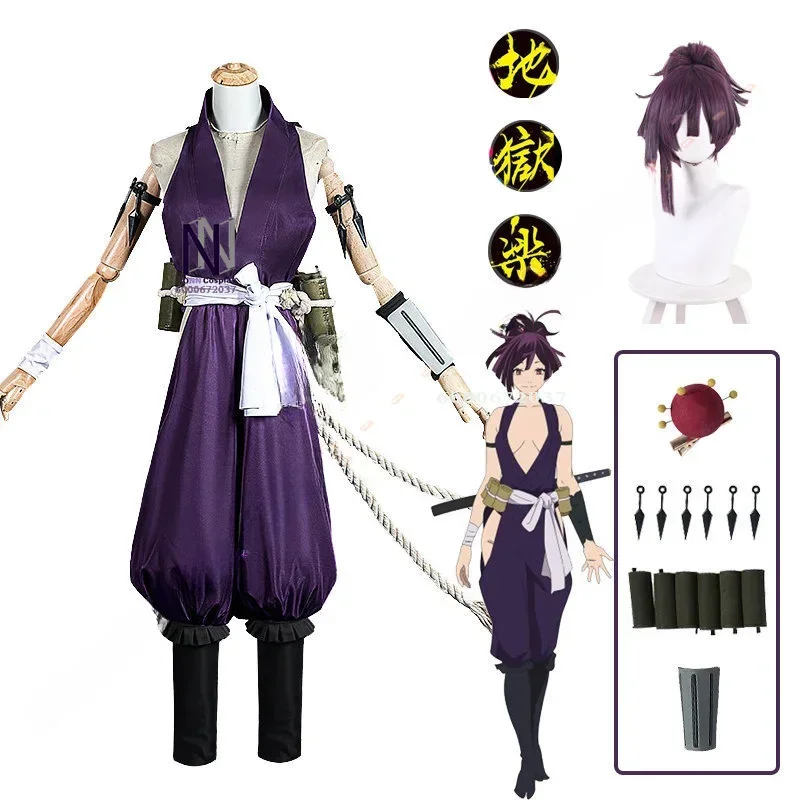 Аниме Jigokuraku Yuzuriha Косплей Костюм Kunoichi Fox Outfit Фиолетовая Униформа Парик Адский Рай