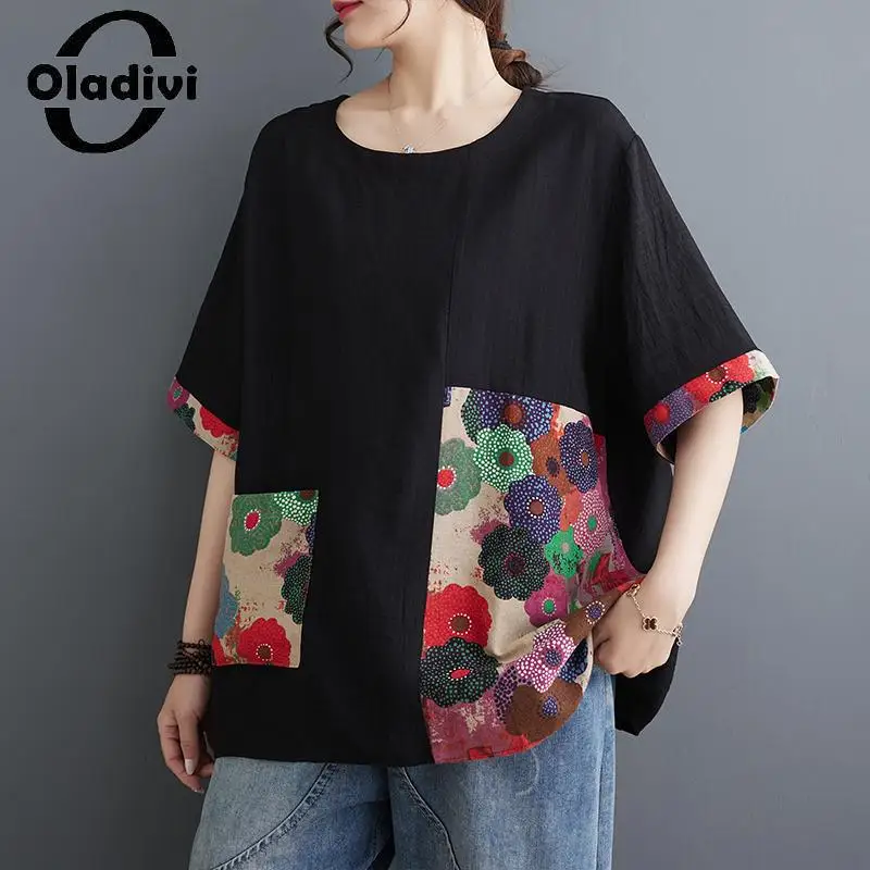 

Oladivi Fashion Print Women's Casual Loose Cotton Linen Blouses Summer Short Sleeve Oversized Shirts Ladies Big Tops Tunics 2341