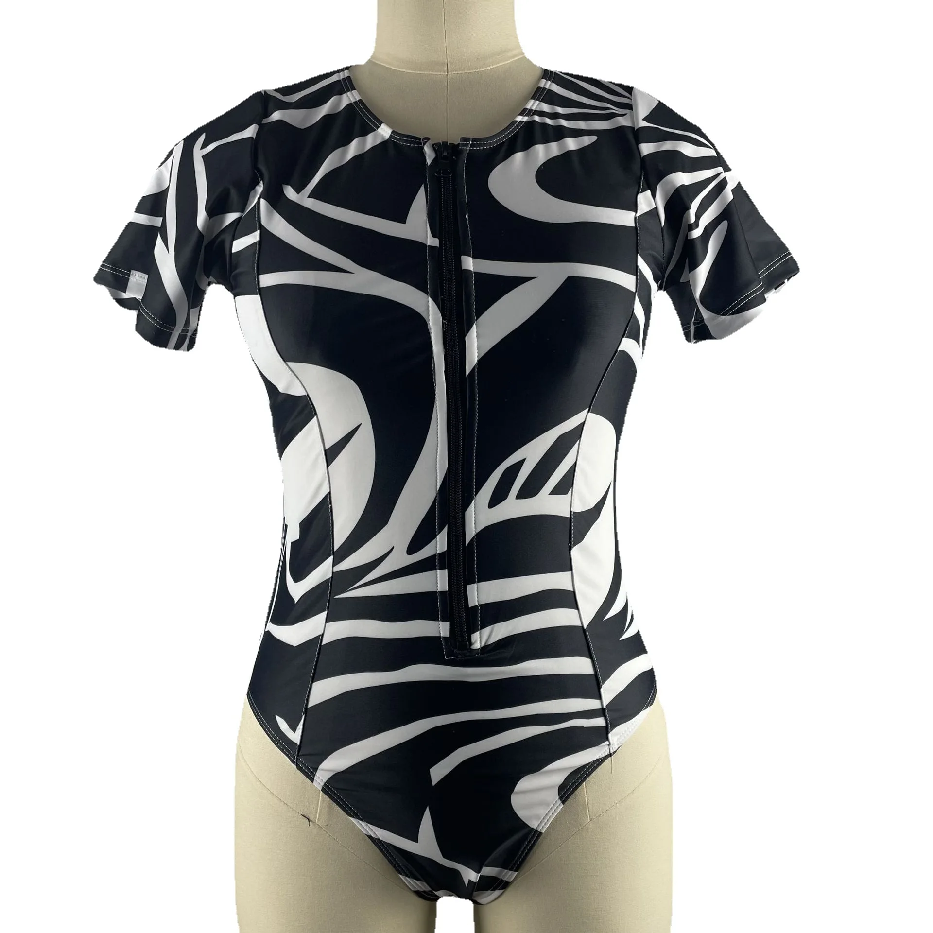 Sexy Bikini Printed Zipper One Piece Swimsuit Fashion Zebra Short Sleeved Surfing Suit Conservative High Waisted Swimwear