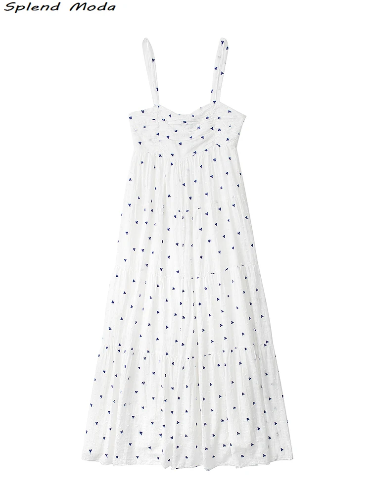 

2022 ZA Women Fashion Summer Sweet Style Embroidery Midi Dress Young Style Sleeveless Backless Elastic Back Strap Dresses Female