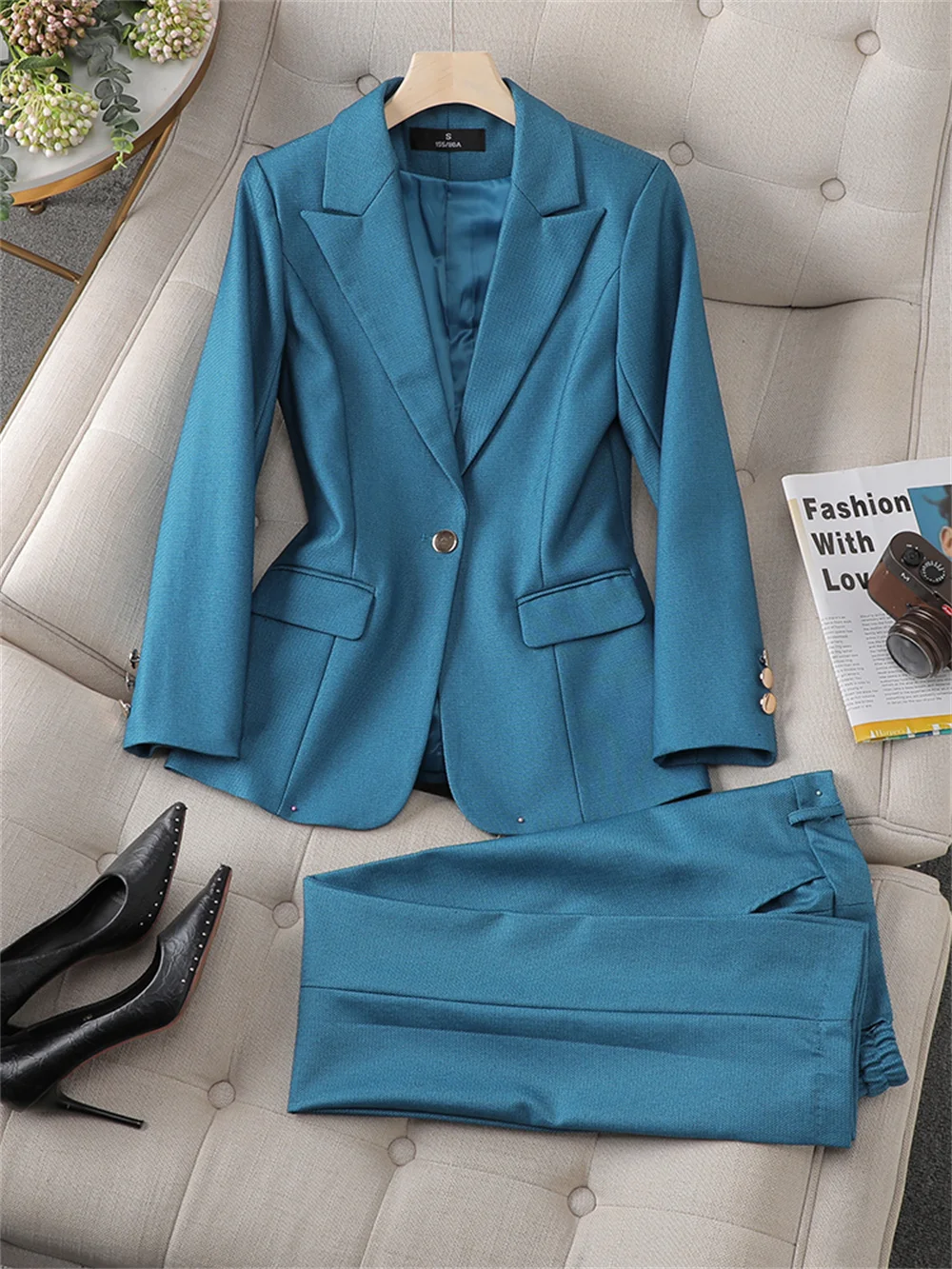 2023 Chic Women 2 Piece Set Purple Blue Jacket Trouser Female Business Work Wear Ladies Formal Blazer and Pant Suit