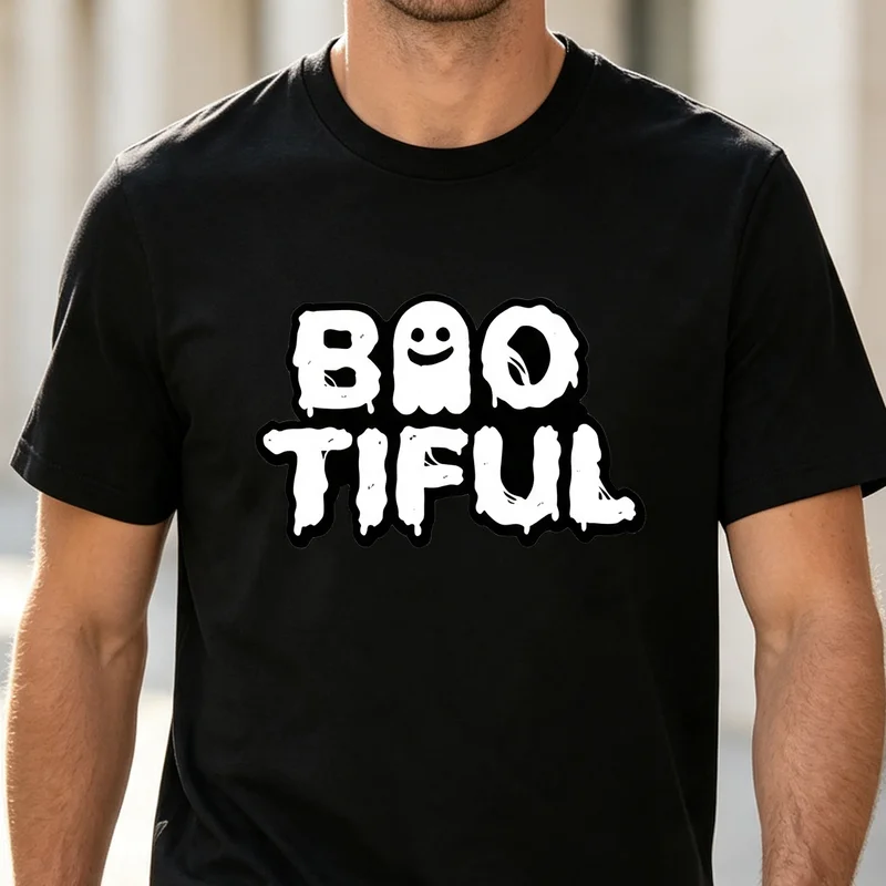 Фото Футболка с принтом Boo Tiful Ghost Spooky Cute Letter в стиле Хэллоуин, повседневная уличная одежда для мужчин и женщин, 100% хлопок, унисекс. №1
