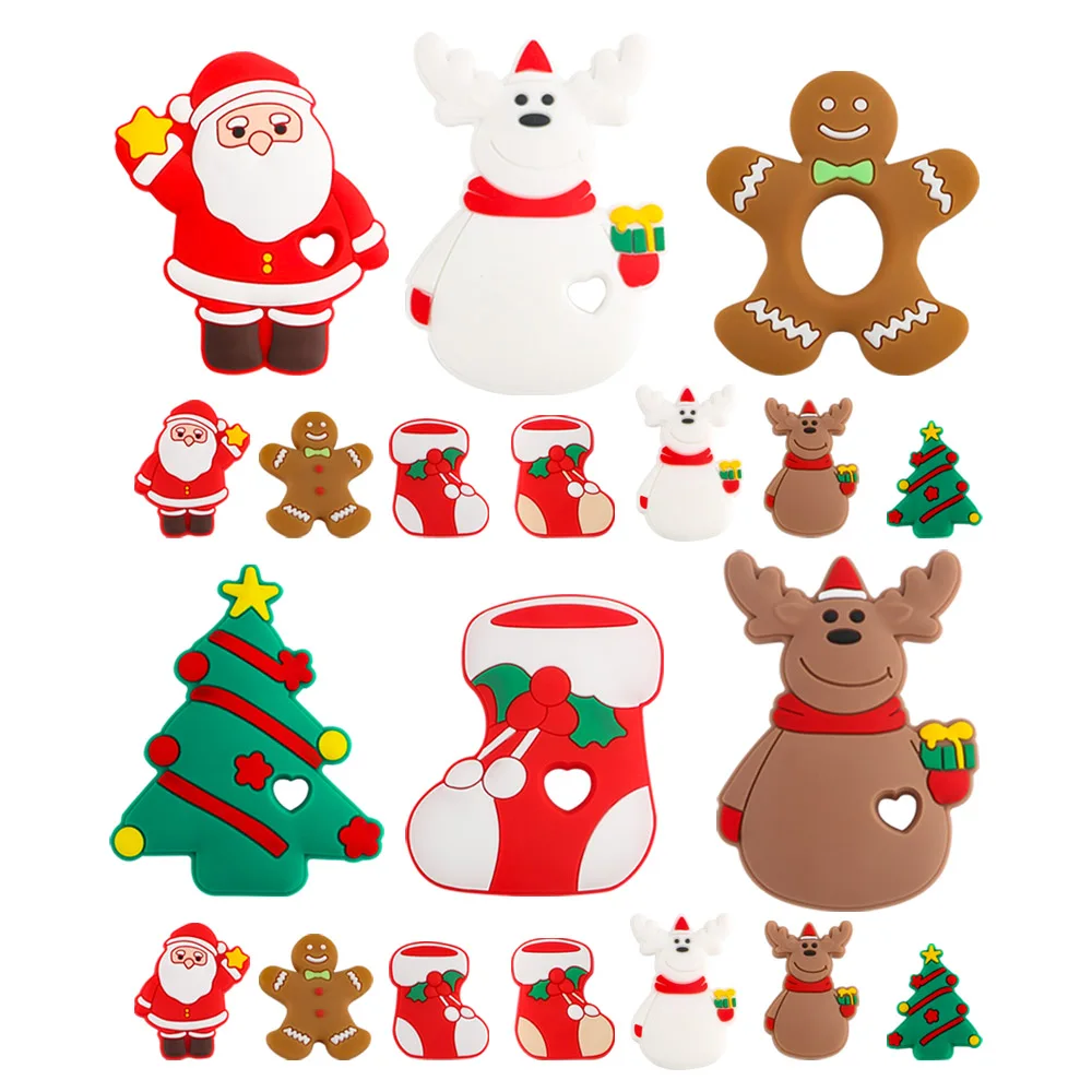 

1/2/10Pcs Christmas Themed Silicone Beads Teether Gingerbread Man Reindeer Snowman Food Grade DIY Pacifier Chain Accessories
