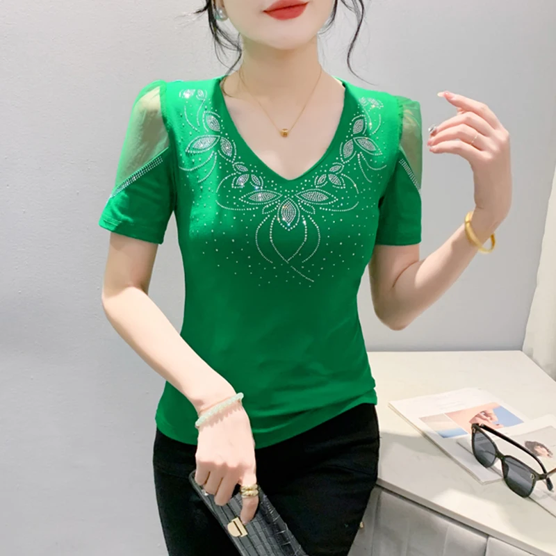 Ozhouzhan Summer New Heavy Industry Hot Drilling Short sleeve T-shirt Women Slim fit Sexy V-neck Mesh Patchwork Backless Top ...