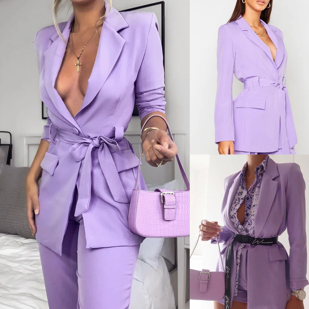 

Sexy Lady Pantsuits 2 Pieces Blazer Jacket With Belt Slim Fitted Coat+Trousers Business Fashion Women Suits Set Tailor Made