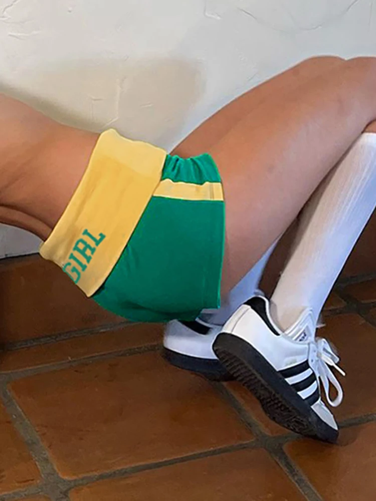 Absobe Color Contrast Letter Printed Shorts Women Casual Sports Low Rise Green American Retro Slim Short Pants Y2K Streetwear