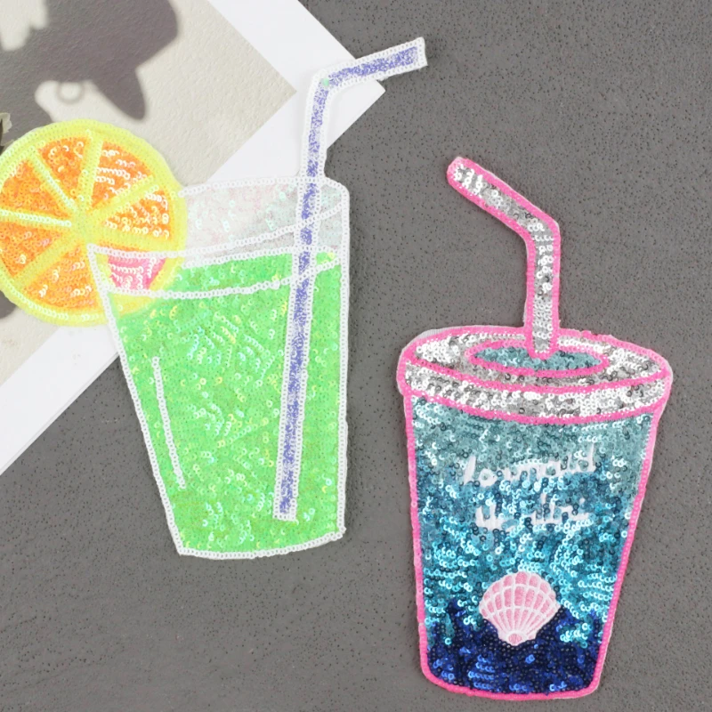 

Large Lemon Cup Embroidered Patches for Clothing Sequined Drink Cup Back Glue Transfer Sticker DIY Appliques for Clothing
