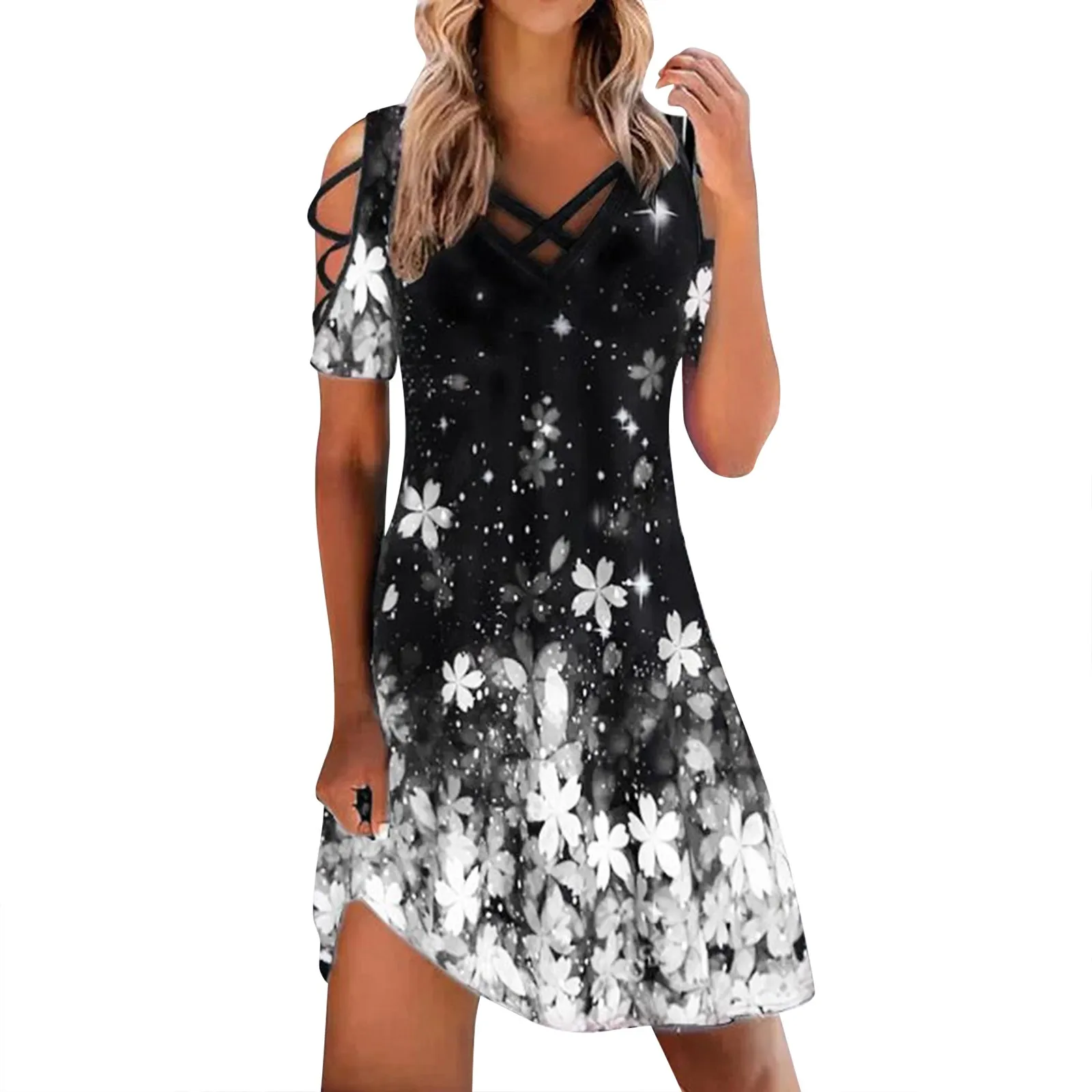 

Women Summer Dresses 2023 Ladies Casual Floral Print Short Sleeve Hollow Tunic Waist Dress Summer Beach Sundress