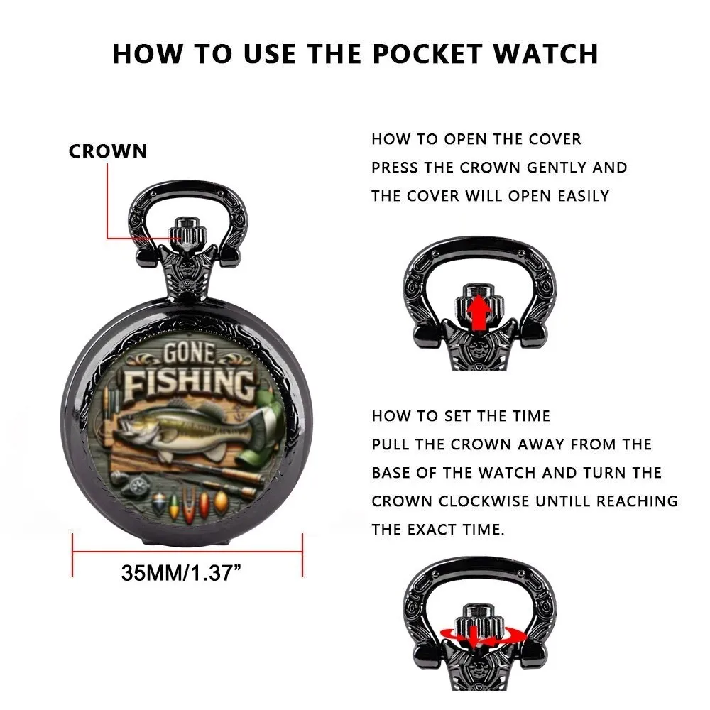 Фото Уникальные винтажные кварцевые карманные часы с узором Gone Fishing и подвесной цепочкой — функция мирового времени, отличный подарок для мужчин и подростков №4