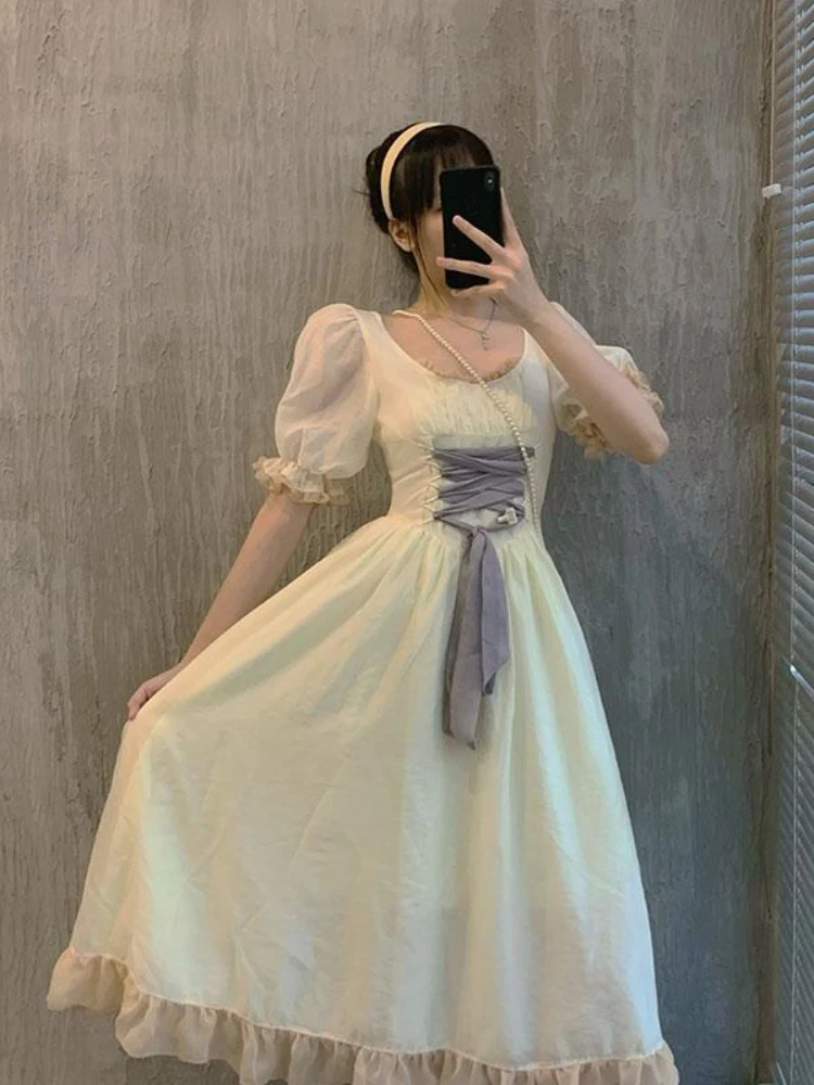 

French Court Style Retro Girly Lolita Dress Square Neck Bow Tie Puff Sleeves Slim Fit Mori Girl Mid-dress Woman Princess Dress