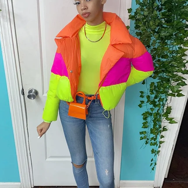 Women's Fresh Rainbow Contrast Short Bread Parkas Winter Zipper Pockets Jacket Women Parka Casual Patchwork Fuffy Female Jackets