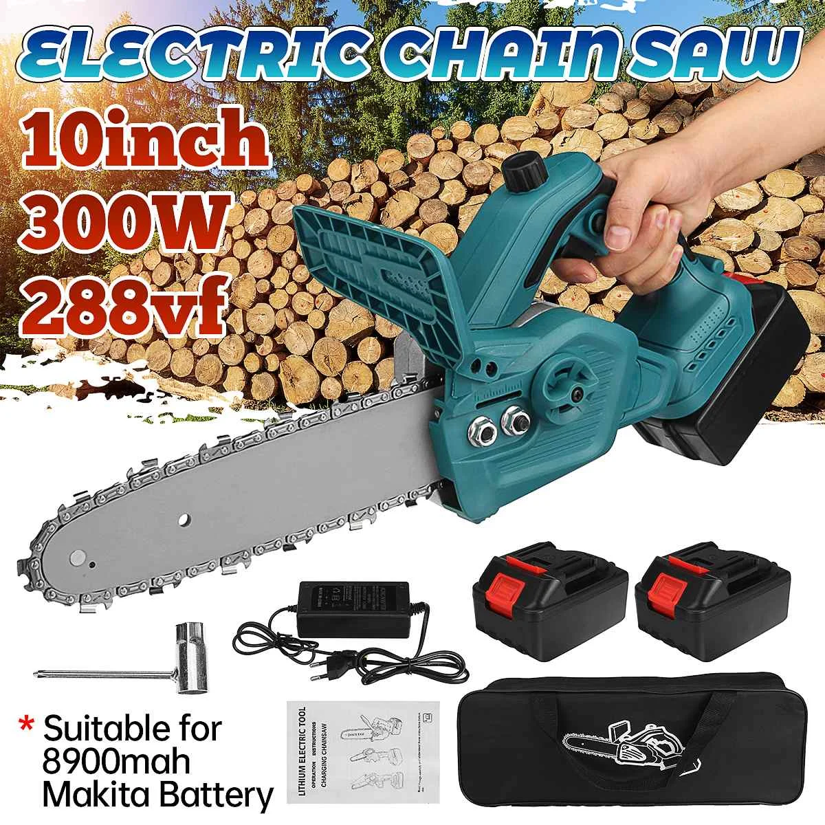 3000W 10 Inch Cordless Electric Saw Chainsaw Oil Lubrication Rechargeable Battery Woodworking One-hand Power Tool for Makita 18V
