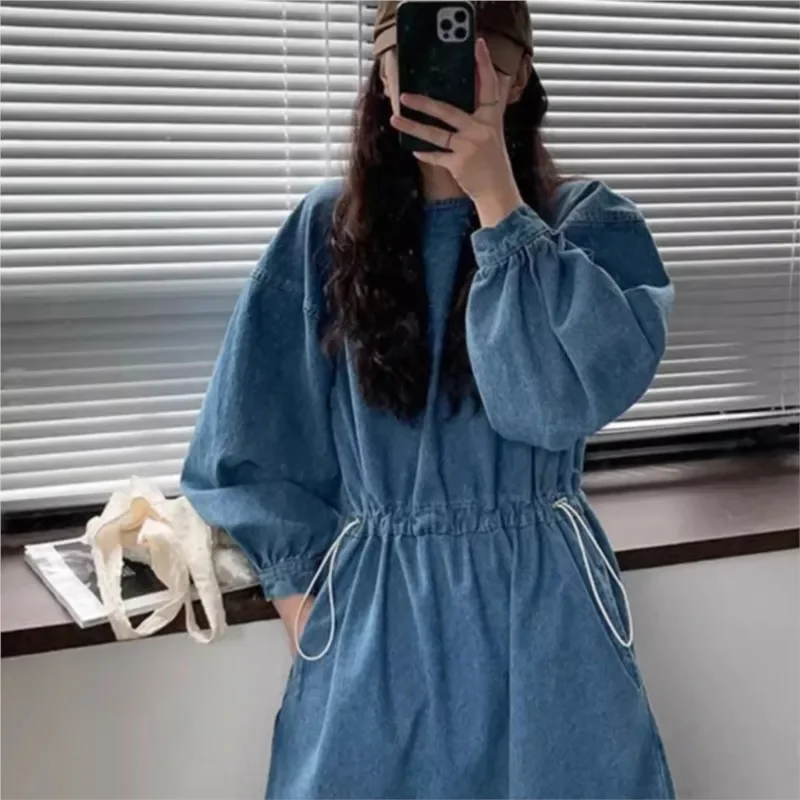 Женское джинсовое платье с карманами повседневное свободное винтажное круглым