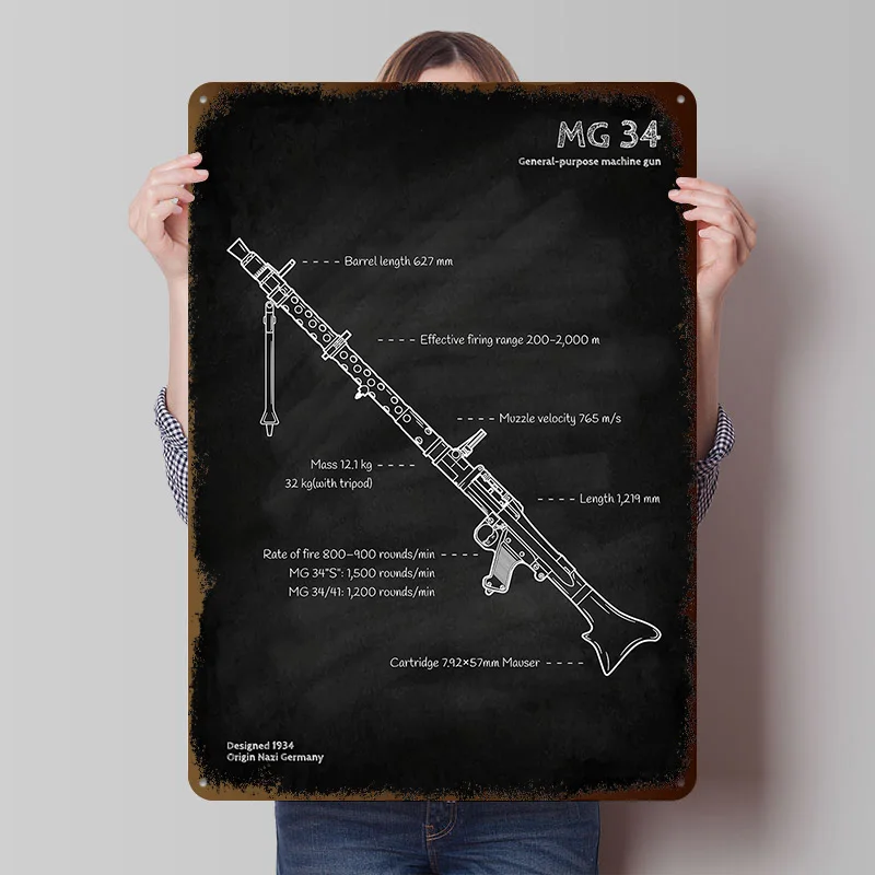 

MG 34 Machine Gun Ww2 Жесть Плакаты Настраиваемые Настенные Искусства Ретро Винтаж Металлические Вывески для Домашней Комнаты Wand Deko Custom Plate the