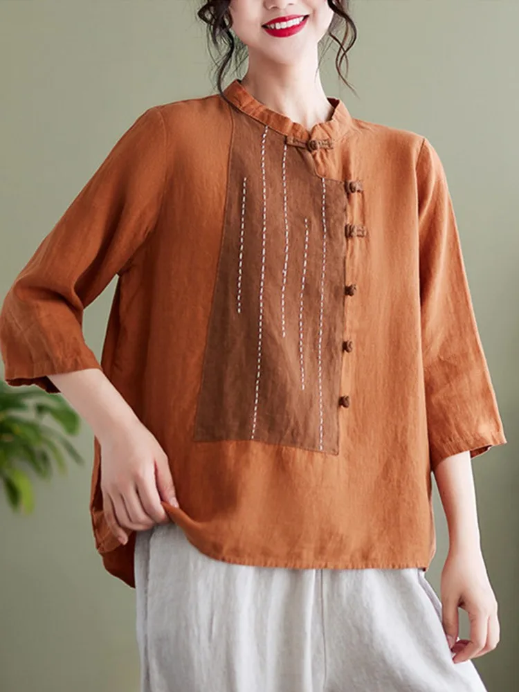 

Women Cotton Linen Casual Shirts New Arrival 2022 Summer Vintage Style Stand Collar Loose Comfortable Female Tops Shirt B1750