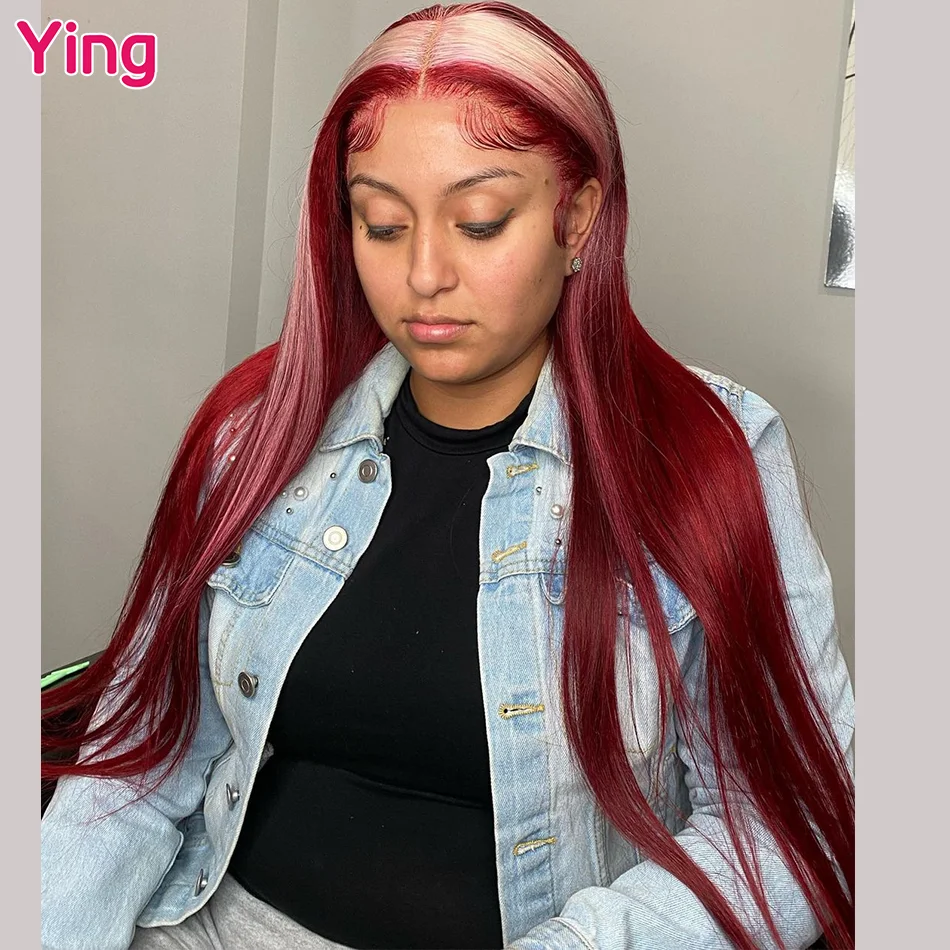 

Ying Dark Burgundy With Blonde Bone Straight 13x4 Transparent Lace Wig Remy Preplucked Natural Hairline 13X6 Lace Frontal Wigs