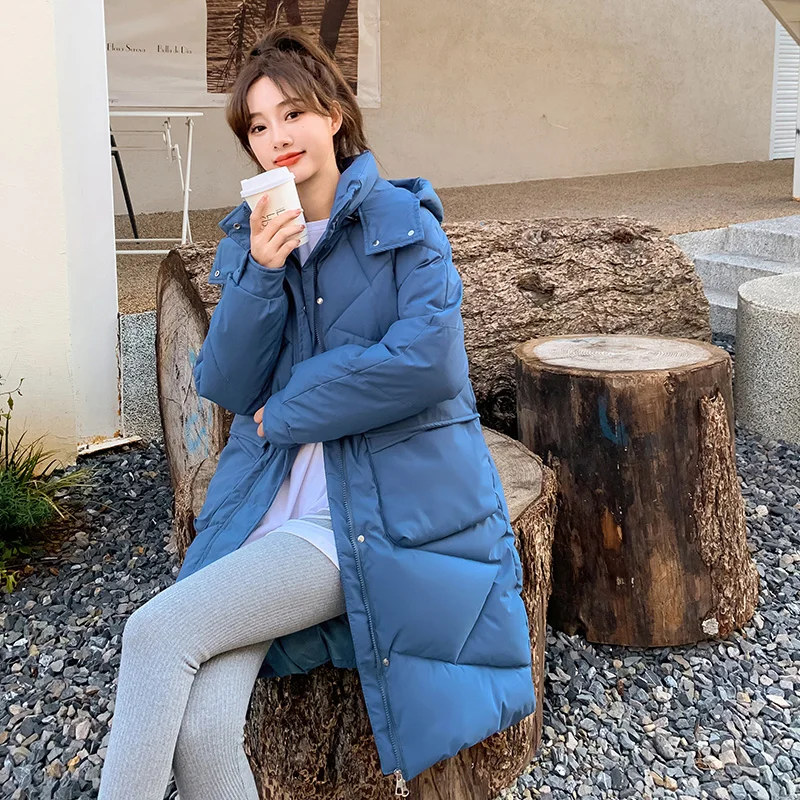 Women's Autumn Winter Solid Color Hooded Jackets Rhombic Lattice Loose Coat Medium Long Parka for Fashion Parkas Jackets