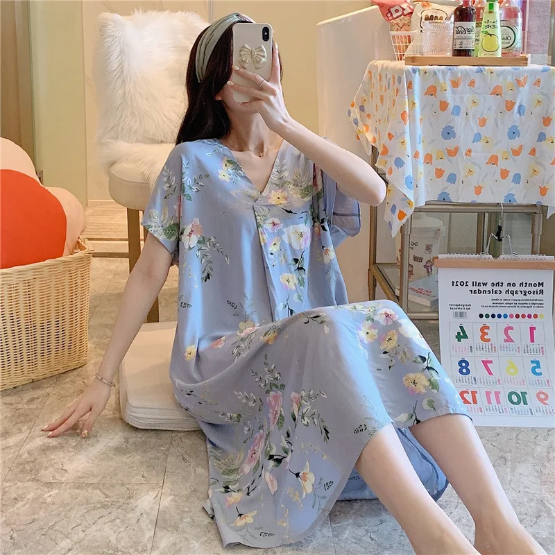 Cotton Silk Nightdress Ladies Summer New Short-sleeved Cartoon Printing Pajamas Korean Version Loose Home Service