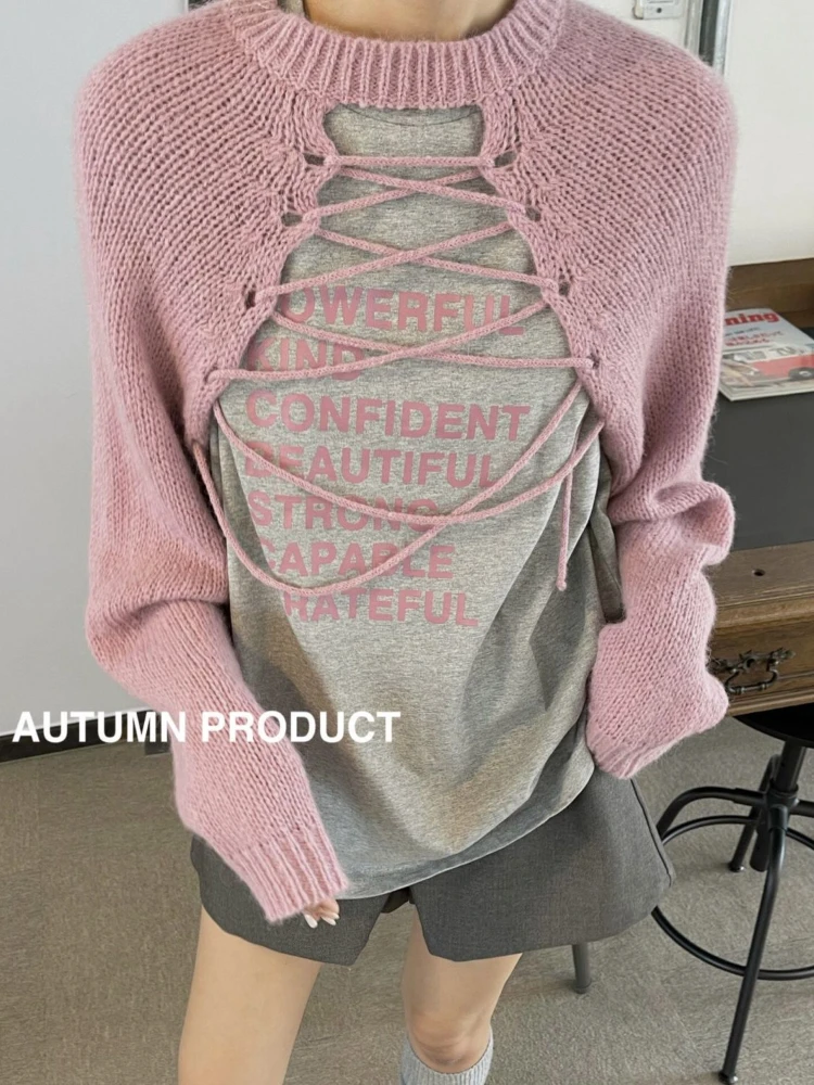 

Deeptown Korean Fashion Pink Cropped Sweater Women Harajuku Bandage Knitted Pullover Loose Lace Up Y2K Tops Jumper Streetwear