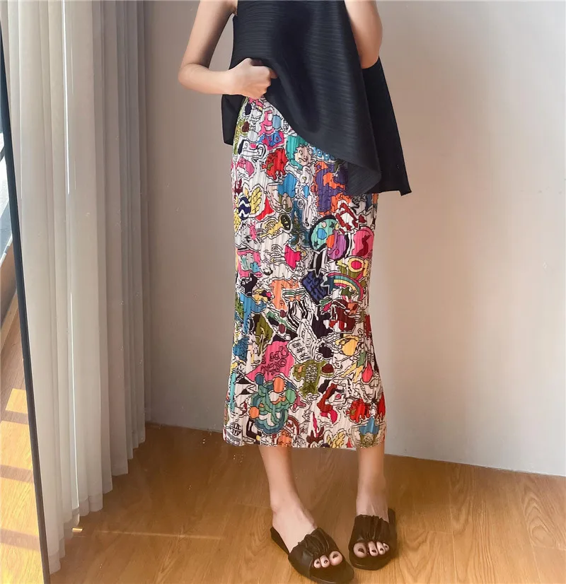 

Плиссированная юбка с мультяшным принтом I642, разноцветная Женская универсальная одежда с эластичным поясом, Офисная Женская юбка