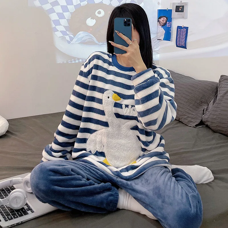 

Coral Velvet Pajamas for Women Autumn Winter Cartoon Plush Thickened Korean Flannel Casual Student Girls Suit In Winter