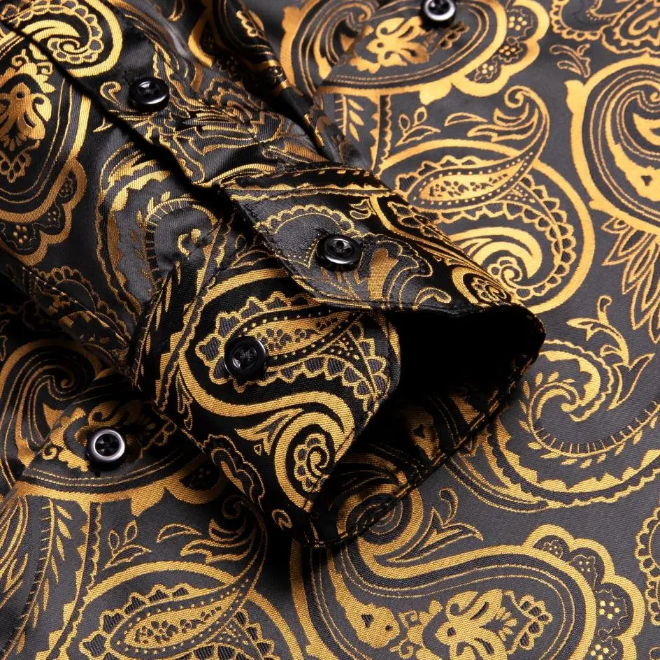 Hi-Tie Jacquard Silk Gold Black Paisley Mens Shirts Ascot Set Long Sleeve Shirt Cravat Hanky Cufflinks For Men Wedding Office XL