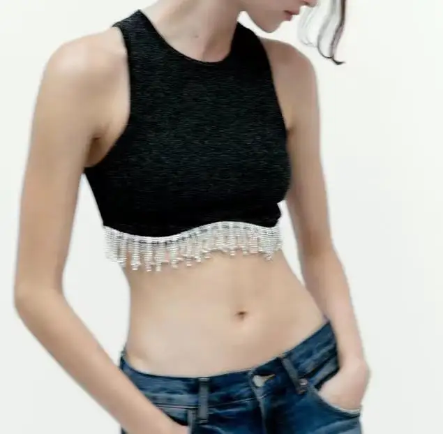 

Женский укороченный топ со стразами и кисточками, винтажный однотонный трикотажный топ без рукавов с круглым вырезом, весна 2023, модная женс...