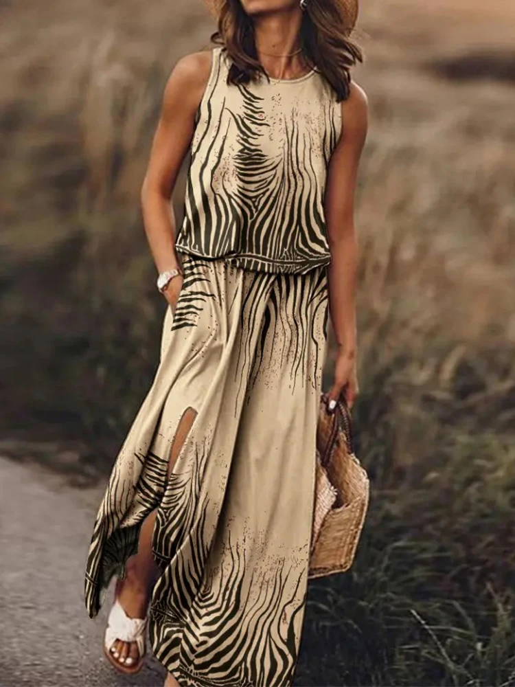 

Casual Round Neck Sleeveless Printing Streetwear Holiday Dress Women Loose Waist A Line Long Split Dress Lady New Dress Mujer