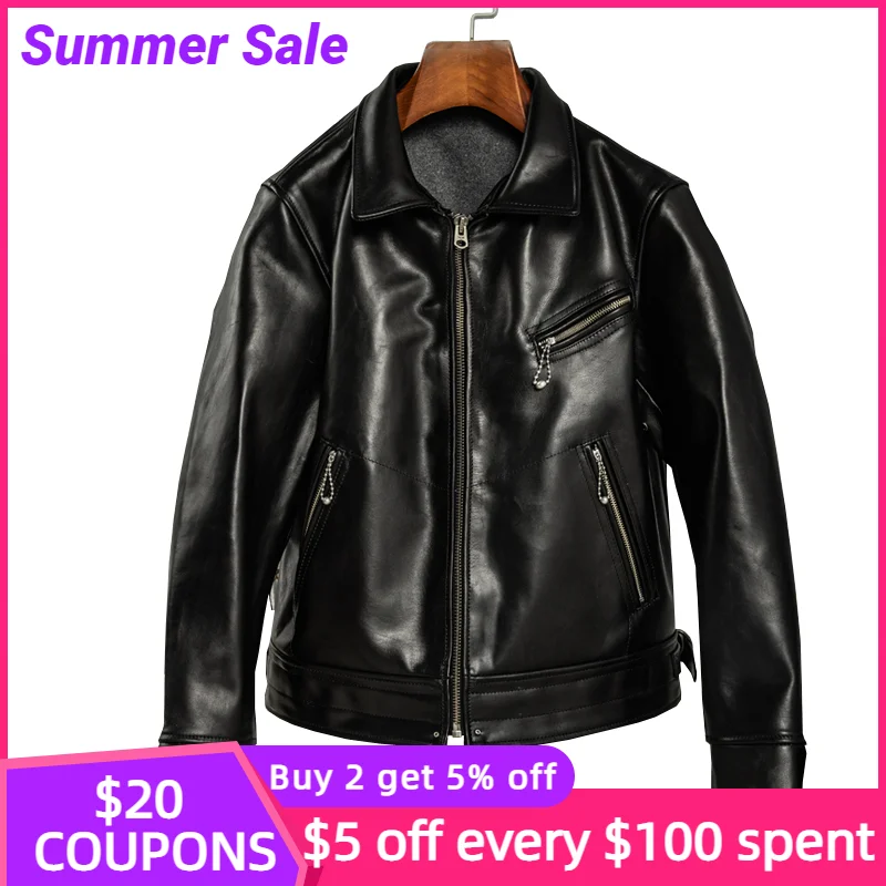 

Мужская мотоциклетная куртка из натуральной кожи, черная короткая облегающая байкерская куртка из натуральной воловьей кожи, большие разм...