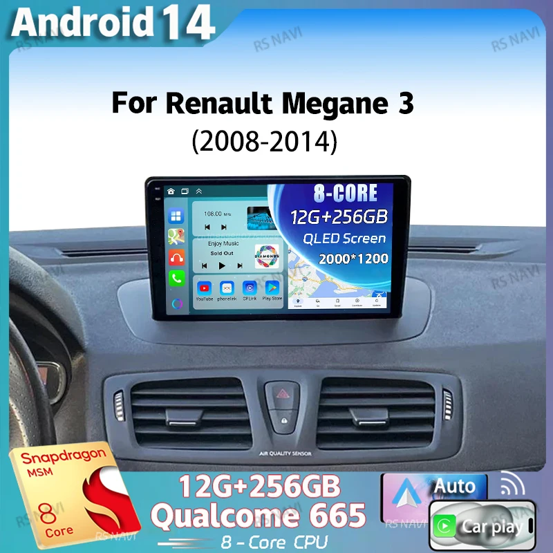 Автомагнитола на Android 14 для Renault Megane 3 2008 - 2014 2K QLED автомобильный радиоприемник