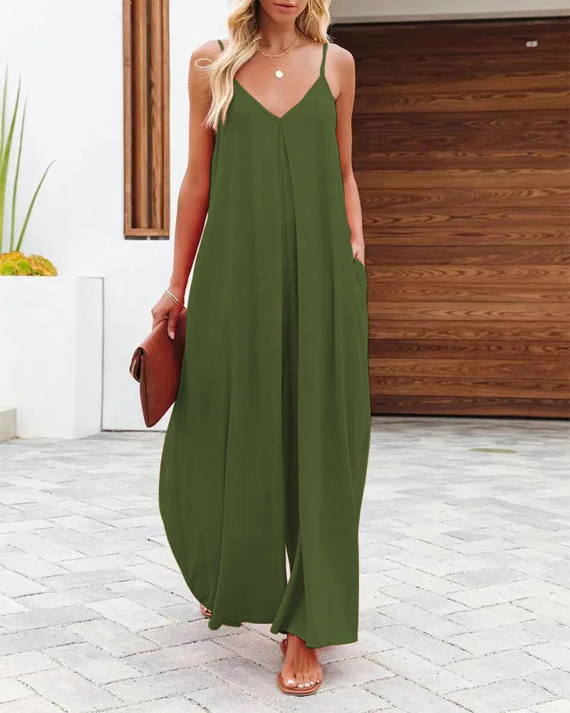 

2023 Casual Spring Summer Womens Jumpsuit Bow Backless Spaghetti Strap Solid Color Wide Leg Pants Sexy Beach Style Jumpsuits