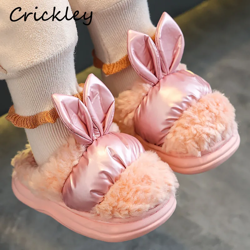 

New Cute Rabbit Girls Slippers 3D Ears Solid Floor Home Slippers For Kids Winter Soft Bottom Warm Plush Children's House Shoes