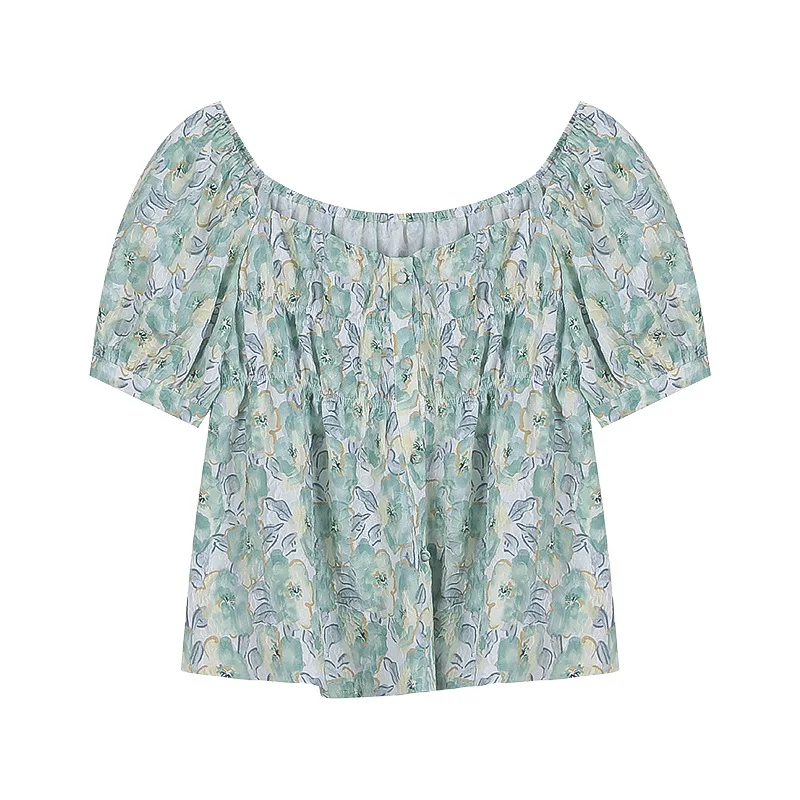 

2022 Spring New French Retro Oil Painting Style Tops Small Shirts Women's Fashion Floral Print Tops Simple Slim Tops Women