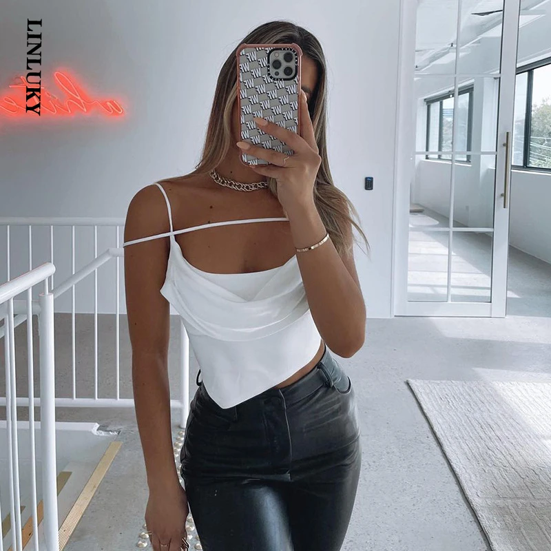 

Sexy Solid Tops For Women Irregular Satin Pocket Collar Sling Club Party Festival Streetwear