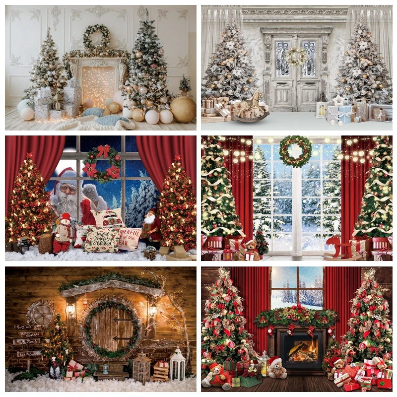 2023 Christmas Tree Party Backdrops Window Fireplace Stockings Gifts Baby Portrait Photography Background Photocall Photo Studio