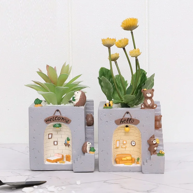 

2022 New Creative Plants Flower Pots Ornaments For Succulent Plants Pot Decorated Desk Garden Living Room With Hedgehog Family