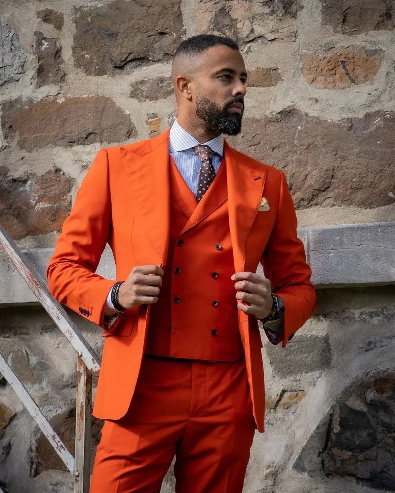 Custom Made Men Suits Dark Orange Groom Tuxedos Peak Lapel Groomsmen 3 Pieces Set Wedding  ( Jacket + Pants + Vest  )