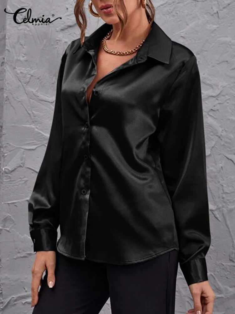 

Весна 2022, атласная блузка Celmia, женские повседневные свободные рубашки с длинным рукавом, элегантные однотонные праздничные топы с лацканам...