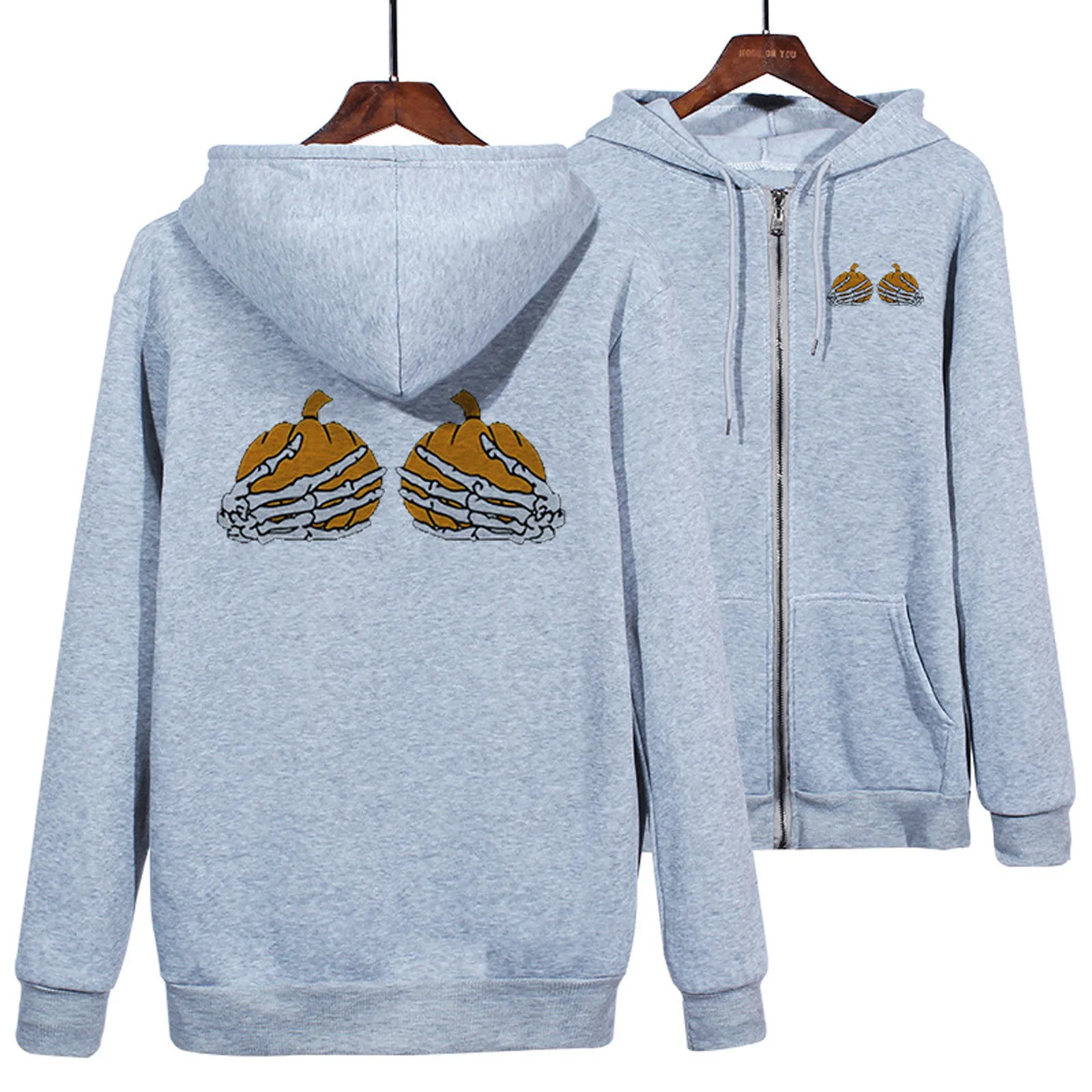 

Hoodie with No Hood Woman Fashion Casual Loose Pumpkin Hand Bones Print Zipper Hooded Pullover Oversized Hoodie Women Trendy