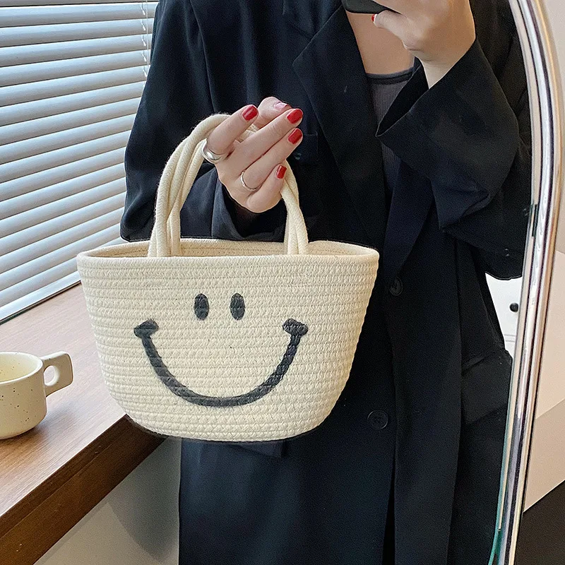 

Соломенная плетеная Сумка с улыбающимся лицом, женская сумка, Новинка лета 2022, Портативная сумка-мешок, простая модная вместительная Корзин...