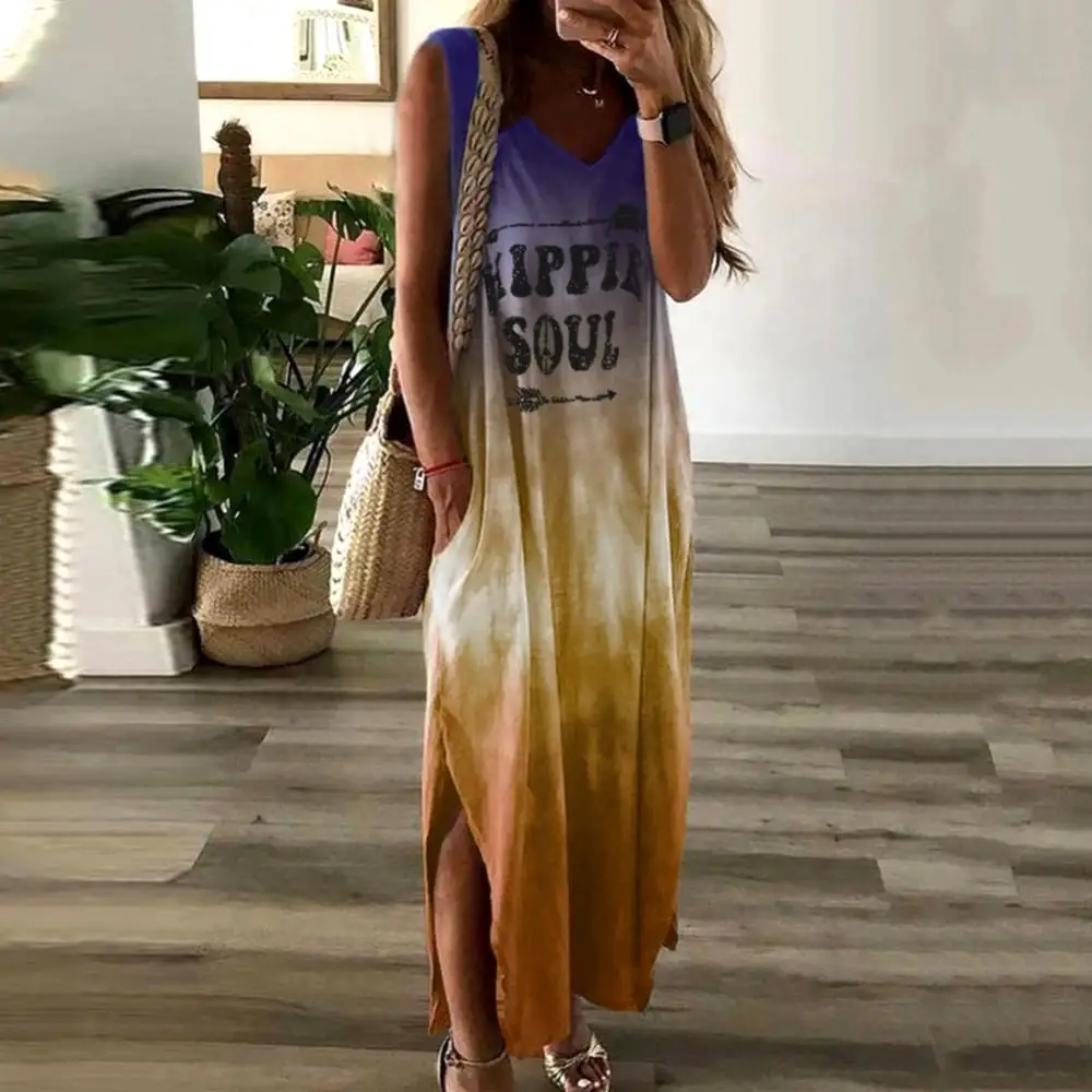 

Women Boho V Neck Sleeveless Gradient Color HIPPIE Pockets Long Loose Dress