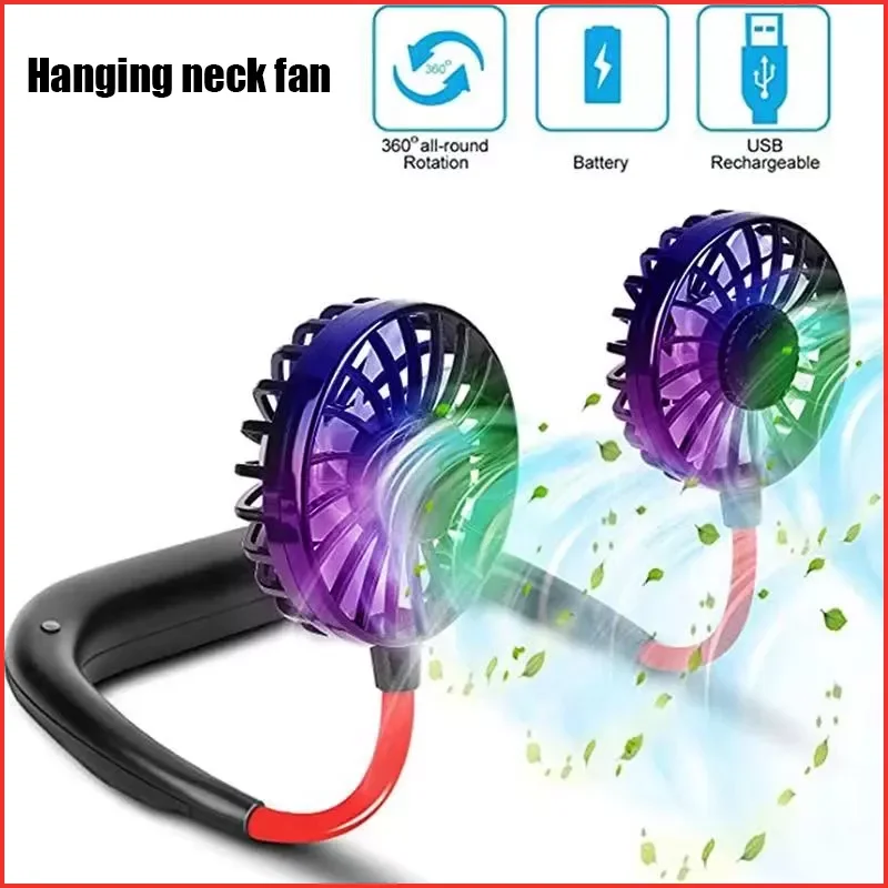 USB Outdoor Sports Hanging Neck Fan Portable Leafless Mini Fan  Hands Free Lazy 360° Free Rotation  Fan 3-Speed Adjust