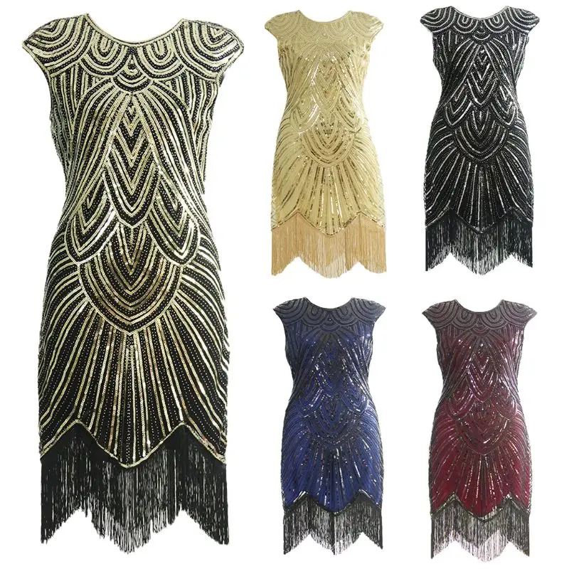 

Women 1920s Evening Party Sequined Embellished Tassels Hem Flapper Formal Dress 10CD