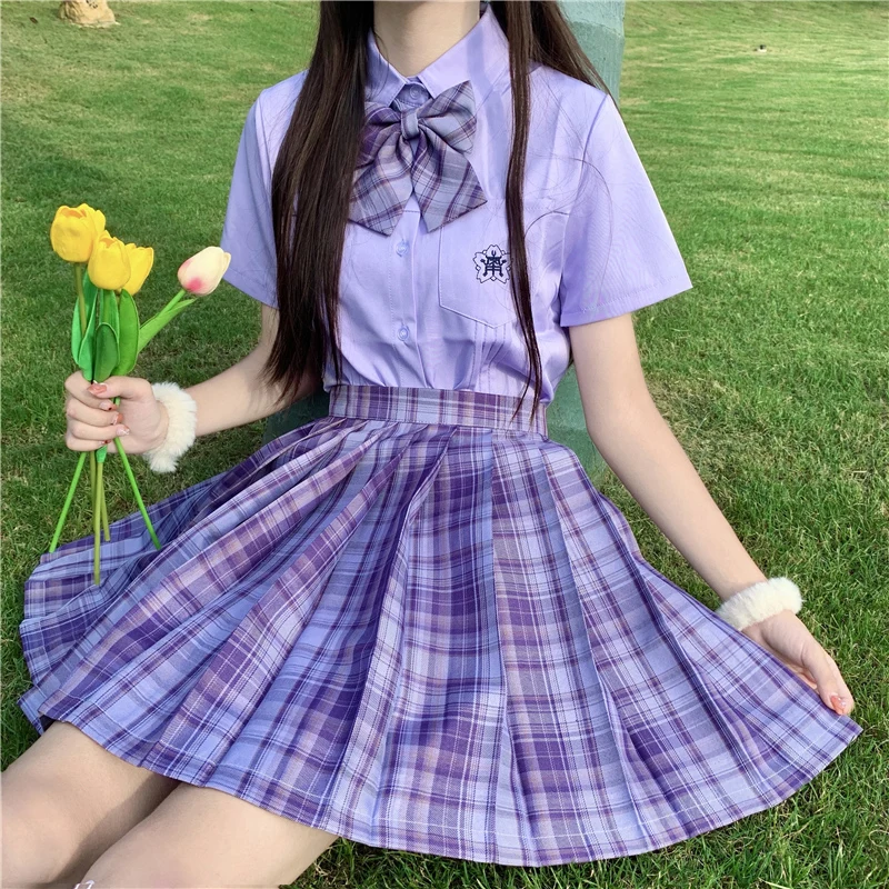 Purple Blouse Plaid Skirts JK School Uniform Japanese Girls Summer High Waist Pleated Skirts Women Dress For Students Girl