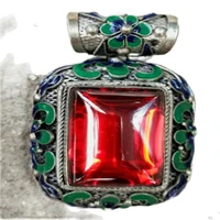 silver pendant old craft made red zircon inlaid tibetan silver cloisonne jewelry from the countryside