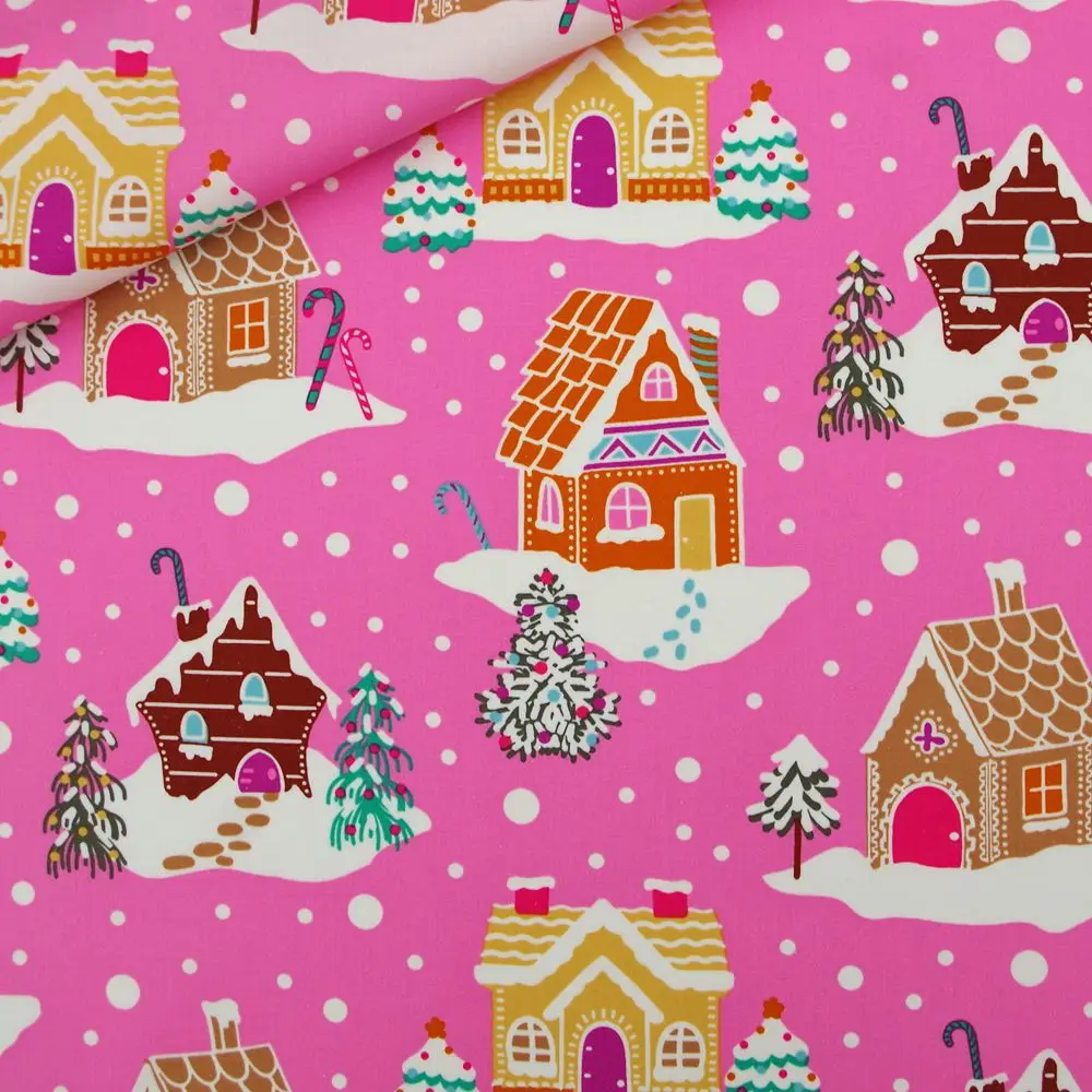 

1 Yard Cotton Poplin Woven Fabric For Cloth, Bag, Bedding, House, Christmas Tree on Pink Background, Width=140cm