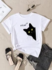 Футболка женская оверсайз с принтом милого мяу кота, Модная стильная повседневная футболка с круглым вырезом, черная, на весну-лето