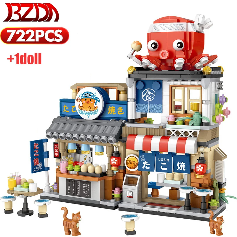 BZDA Микро строительные блоки Mini Takoyaki Street View Строительные Moc Octopus Японский вид на