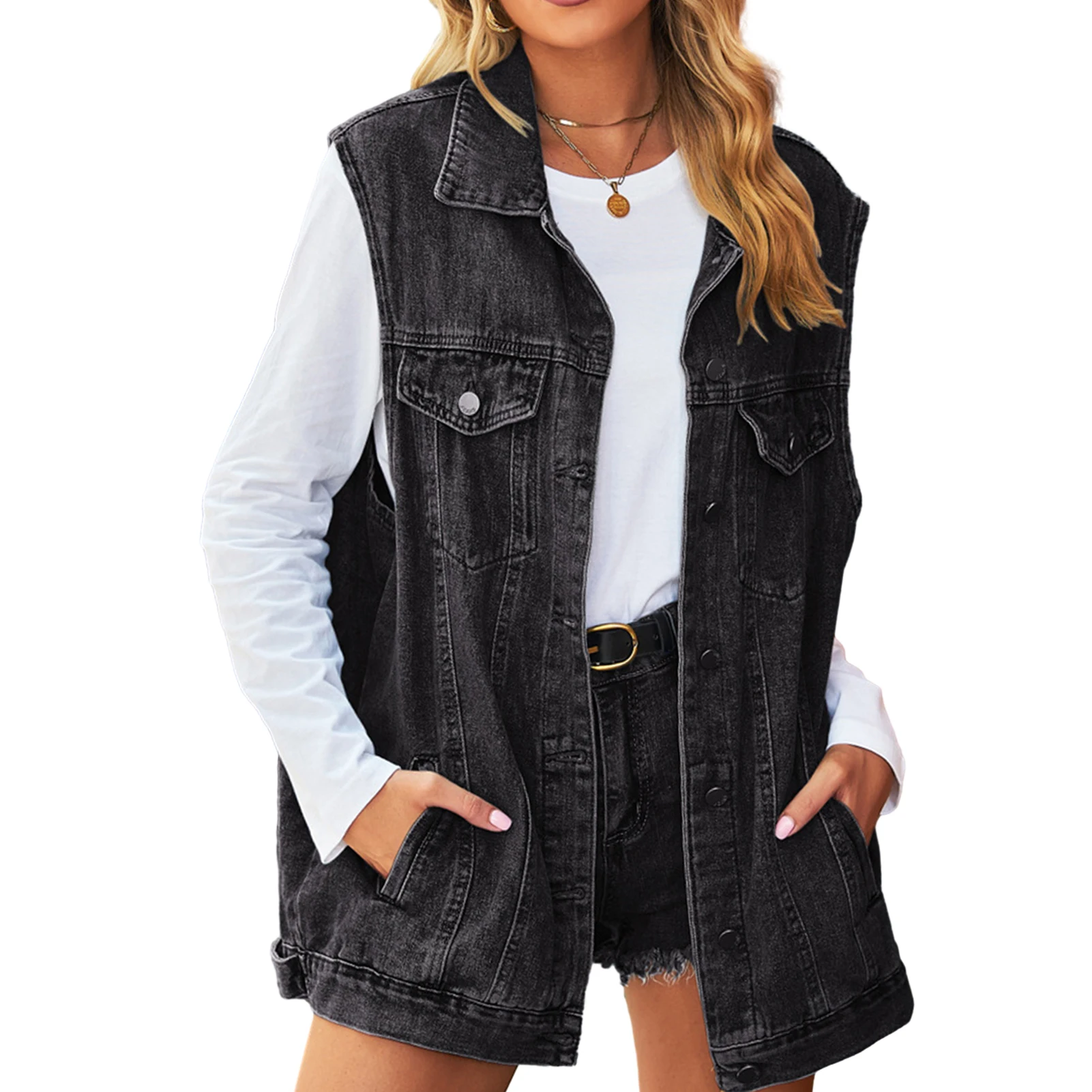 

Denim Vest Vintage Style Women Oversized Coat Pockets Distressed Classic Jean Vest Solid Color Button Down Daily Outfit